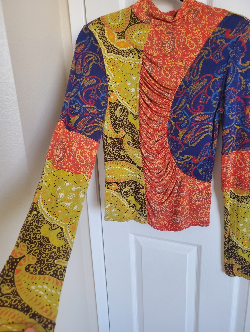 Free People Patchwork Paisley Cut Out Back Long Sleeve Top Womens M